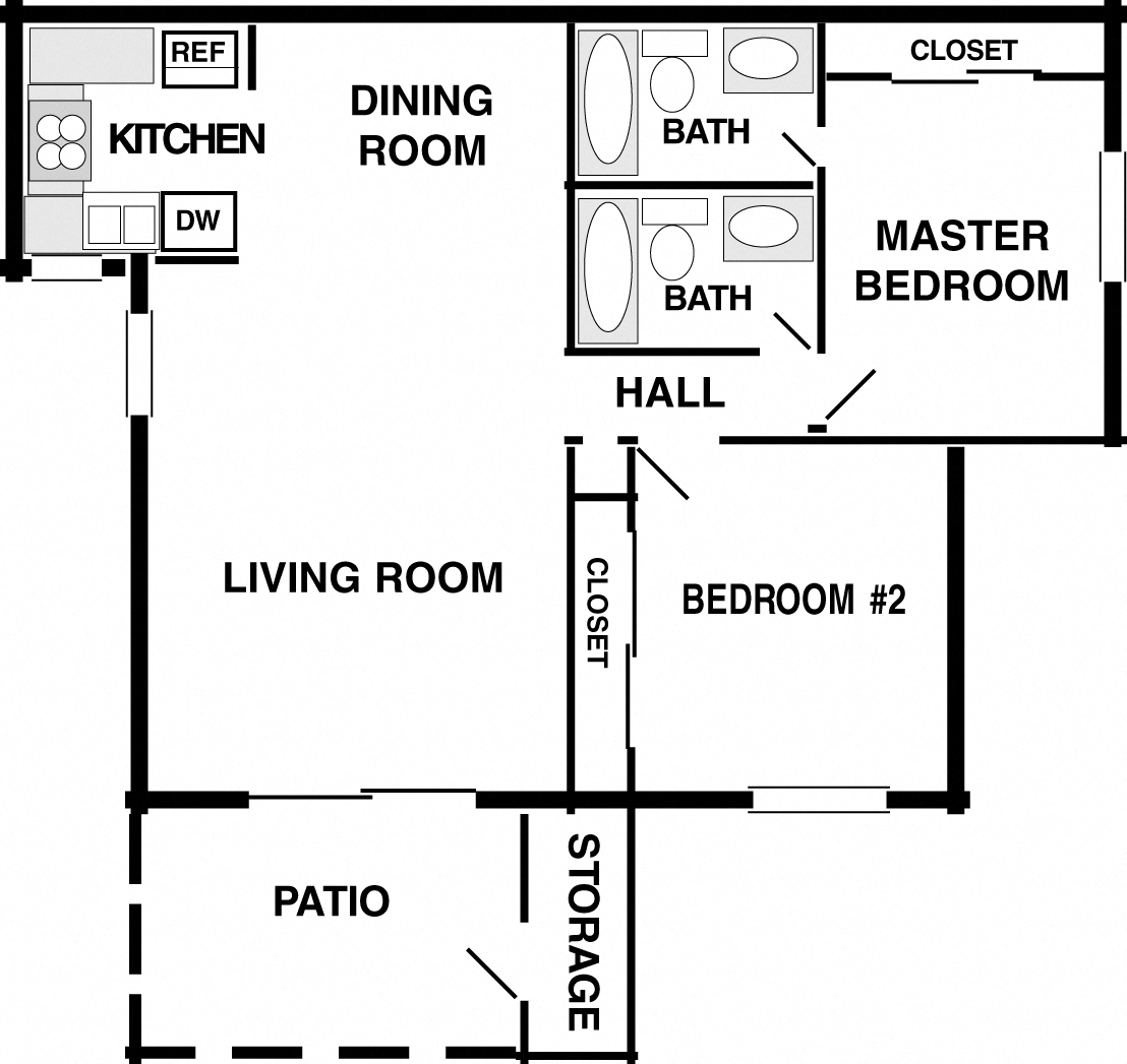 Floor plan for 2 beds, 2 baths, 834 sqft